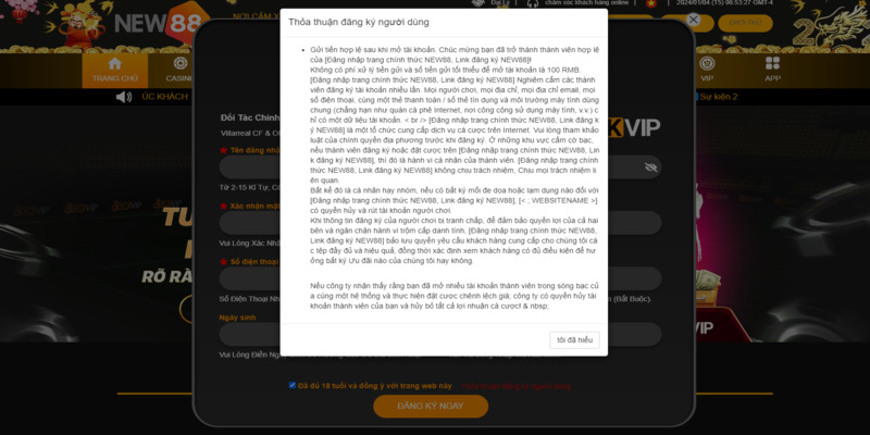 Các điều khoản đăng ký new88 như nào?